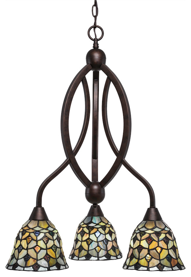 Bow 3 Light Chandelier Bronze Finish, 7" Crescent Art Glass