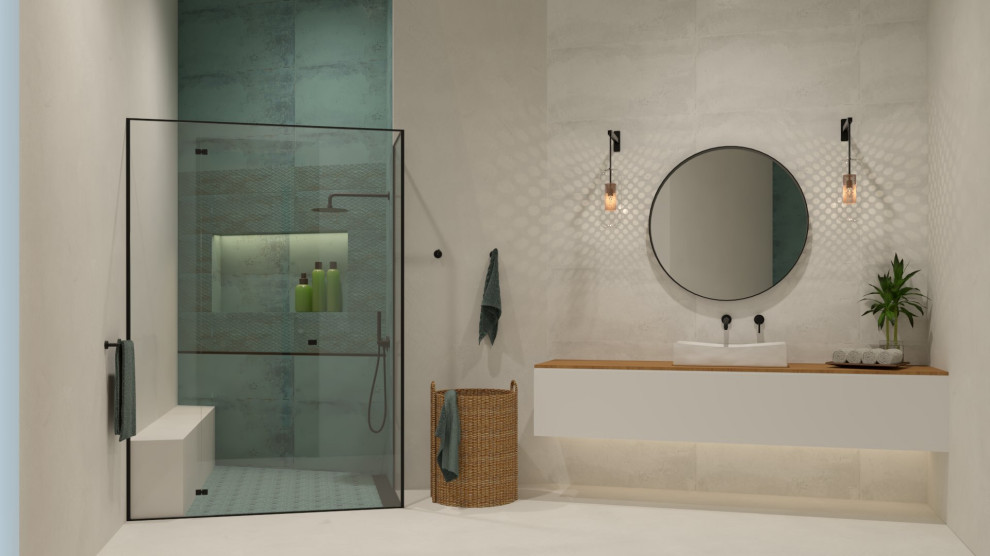 Inspiration for an expansive asian kids bathroom in Barcelona with white cabinets, a curbless shower, a one-piece toilet, beige tile, white walls, a vessel sink, white floor, a sliding shower screen, white benchtops, a single vanity and a built-in vanity.