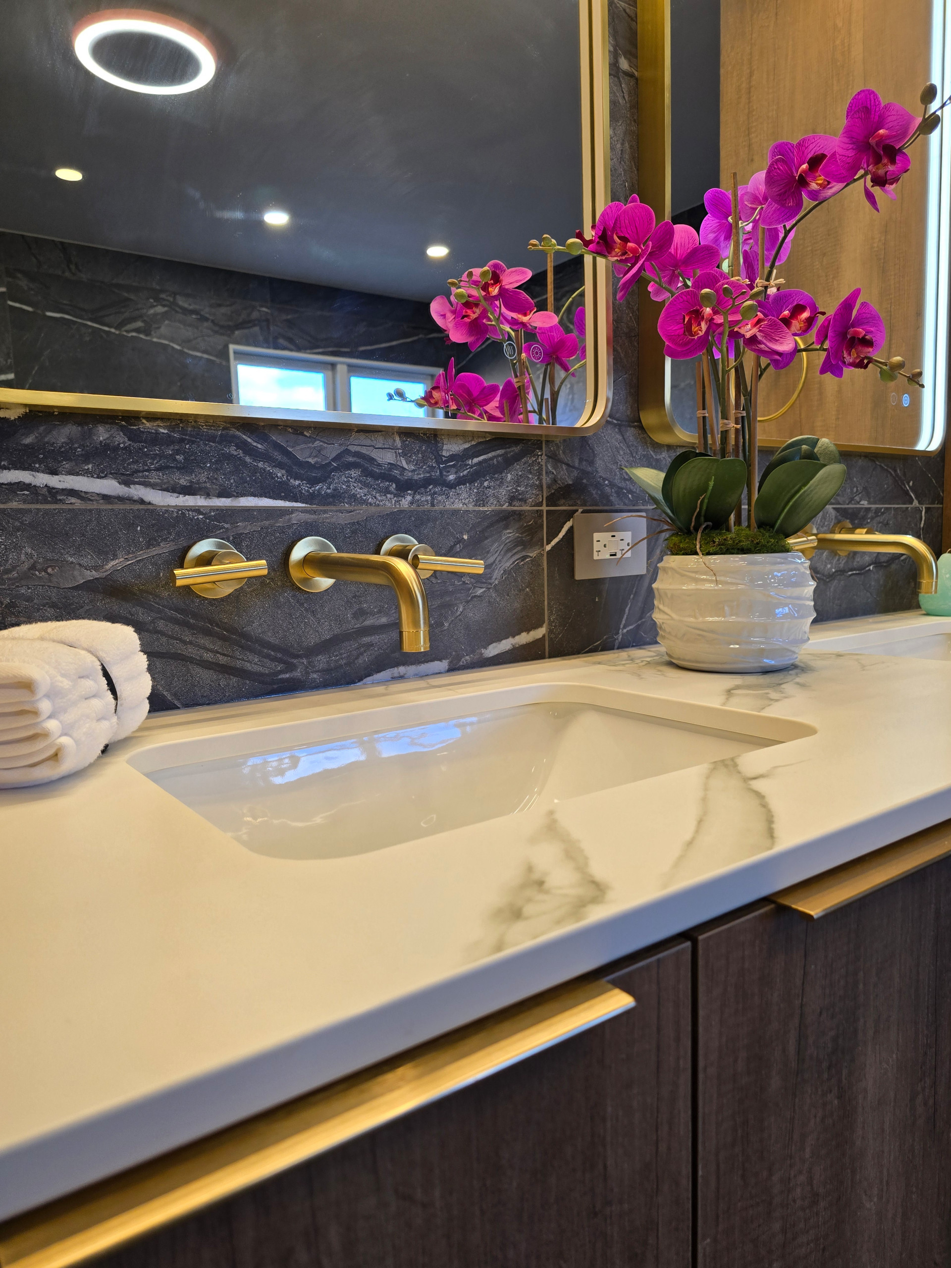 Main Bath full remodeling with custom vanity, freestanding tub & walk-in shower