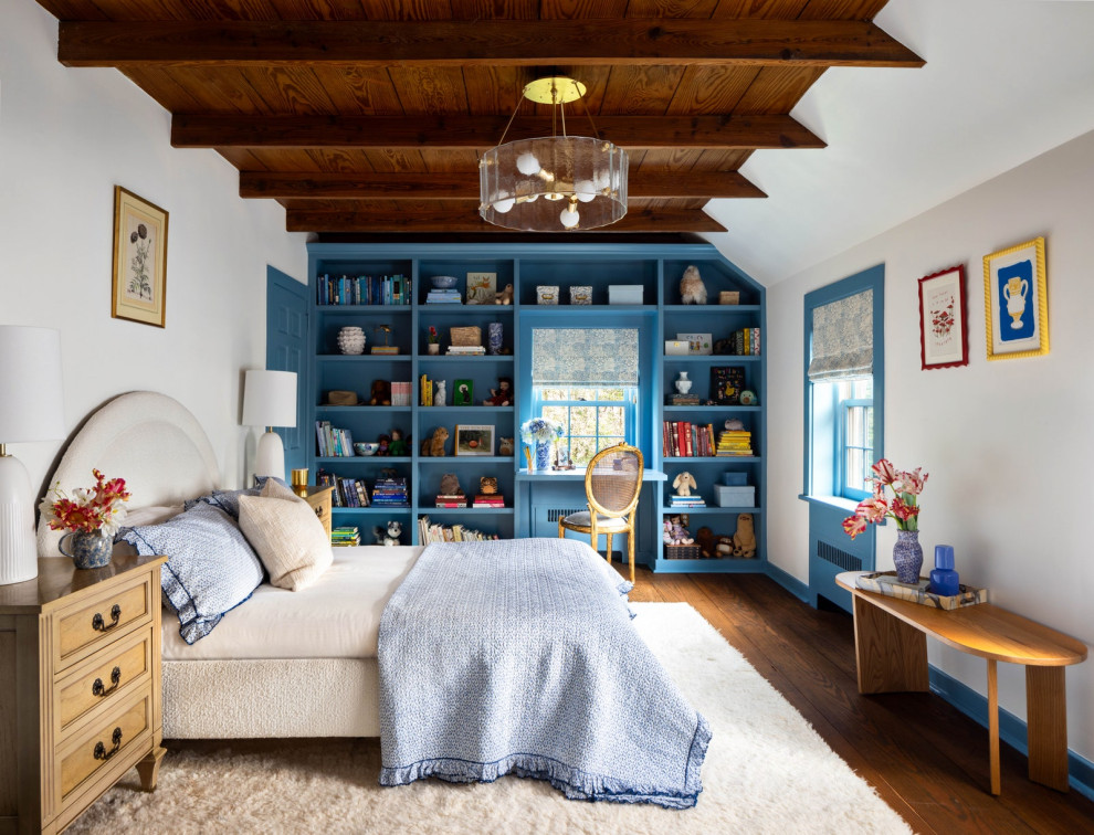Country girl wood ceiling, exposed beam, dark wood floor and brown floor kids' room photo in New York with white walls