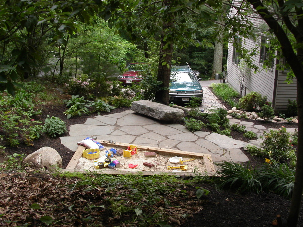 Design ideas for a small asian backyard shaded garden in Boston with a garden path and natural stone pavers.