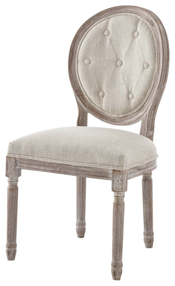 French Vintage Side Dining Chair, Fabric, Wood, Beige, Modern, Bistro
