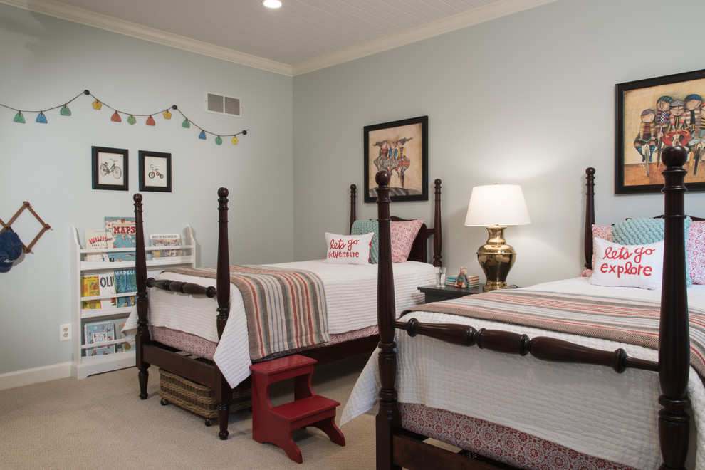 Inspiration for a mid-sized transitional guest bedroom in Raleigh with blue walls and carpet.