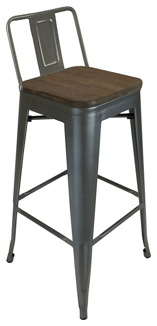 Stainless Steel Bar Stool With Backrest, Wood Seat, Set of 4, Gunmetal