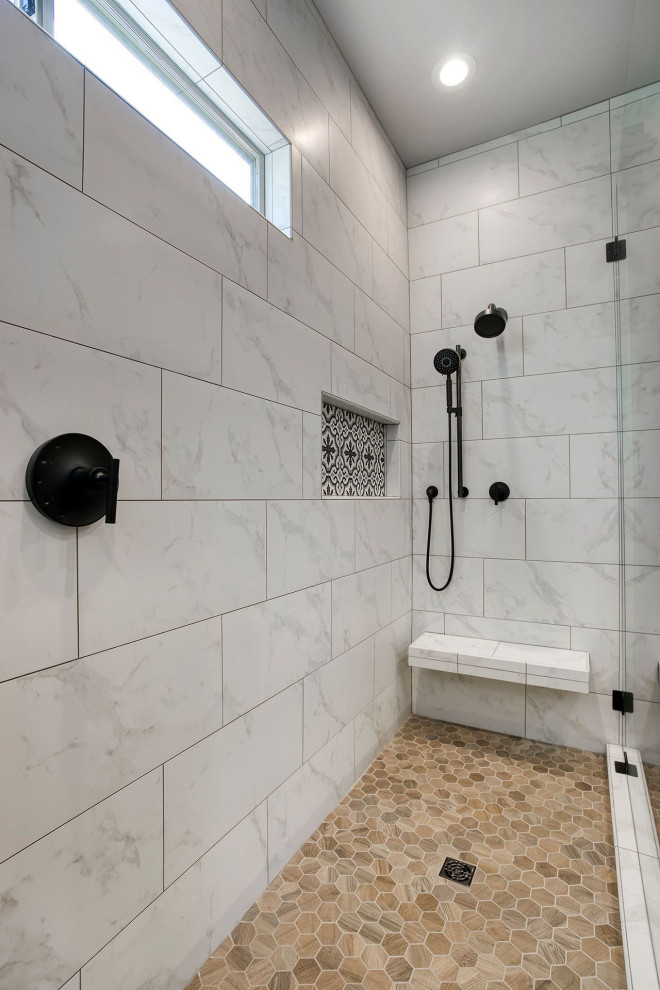 Mid-sized transitional master white tile and porcelain tile porcelain tile, brown floor and double-sink bathroom photo in Phoenix with shaker cabinets, gray cabinets, a one-piece toilet, gray walls, an undermount sink, quartz countertops, white countertops, a niche and a built-in vanity