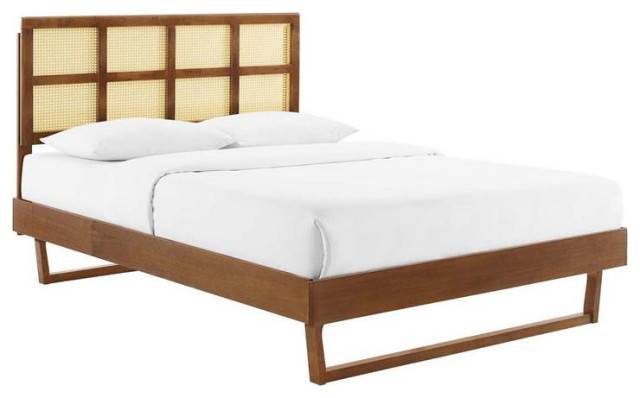 Modway Sidney Cane Rattan and Wood Full Platform Bed with Angular Legs in Walnut