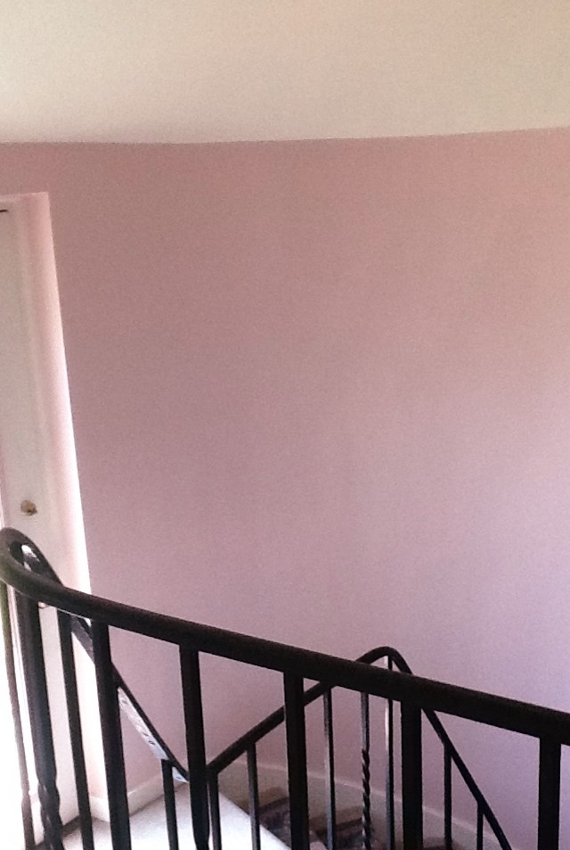Example of a small eclectic carpeted staircase design with pink walls