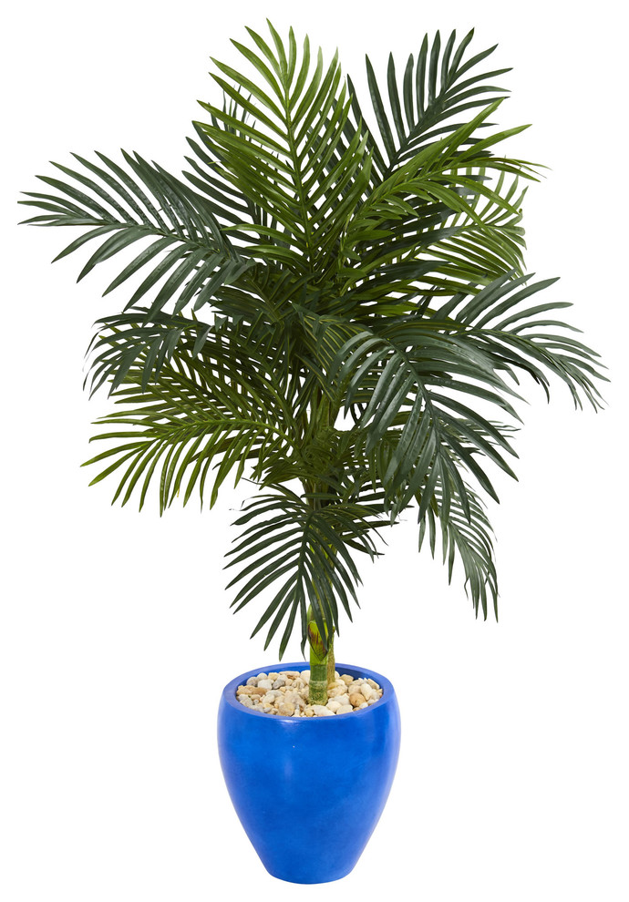 4.5" Golden Cane Artificial Palm Tree, Blue Oval Planter