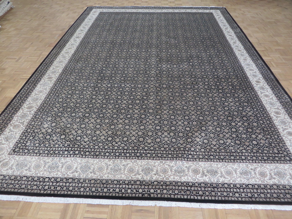 9'9x14 Handmade Black Fine Herati Tabriz Oriental Rug, Silk