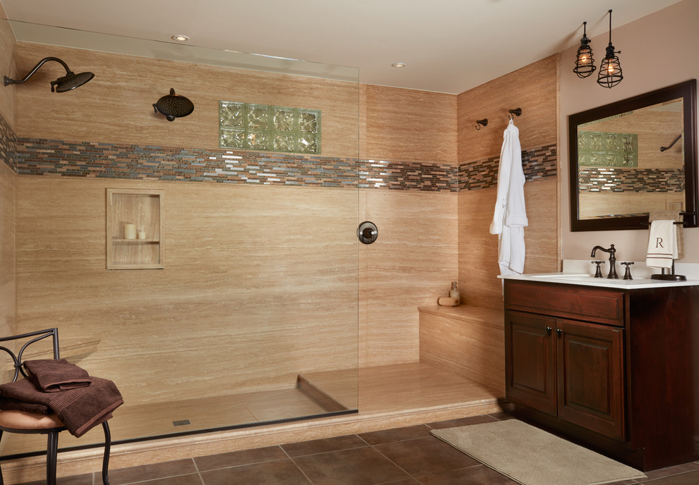 Mid-sized transitional master bathroom in San Diego with raised-panel cabinets, dark wood cabinets, solid surface benchtops, an open shower, porcelain tile, beige walls, porcelain floors, an integrated sink, beige floor and an open shower.