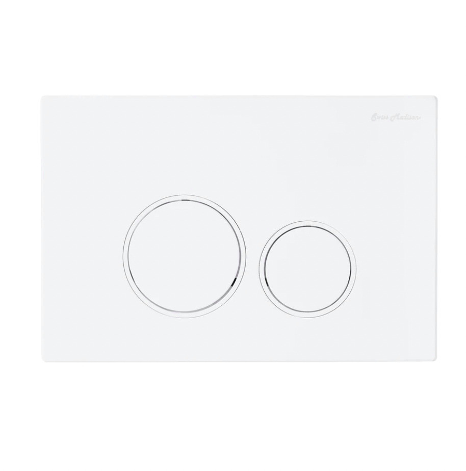 Wall Mount Dual Flush Actuator Plate with Round Push Buttons in Matte White. Finishes: Polished Chrome, Rose Gold, Matte Red, Matte Black, & Brushed Gold (SM-WC001MW)