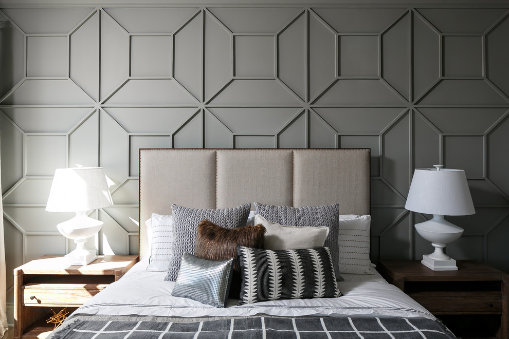 Example of a transitional master bedroom design in Louisville with gray walls