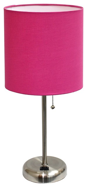 Stunning Stick Lamp With Charging Outlet And Fabric Shade, Pink
