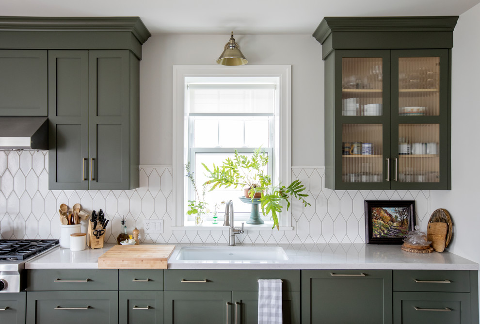 Inspiration for an eclectic kitchen in San Francisco with white splashback and ceramic splashback.