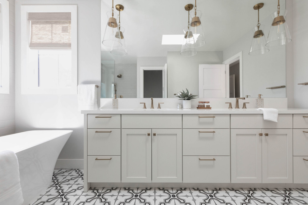 Design ideas for a large transitional master bathroom in San Francisco with shaker cabinets, white cabinets, a freestanding tub, porcelain floors, an undermount sink, engineered quartz benchtops, multi-coloured floor, white benchtops, a double vanity and a built-in vanity.