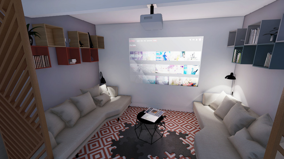 Idée de décoration pour une salle de cinéma minimaliste de taille moyenne et ouverte avec un mur blanc, un sol en carrelage de céramique, un écran de projection et un sol rouge.