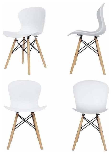 Contemporary Set of 4 Chairs, Plastic Seat, Eiffel Inspired Wooden Legs, White