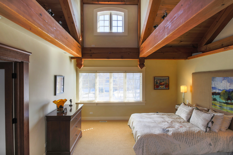 Example of a transitional loft-style carpeted bedroom design in Chicago with white walls