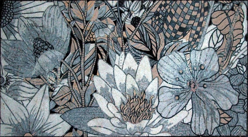 Mosaic Tile Art, Ivory Lotus, 31"x55"