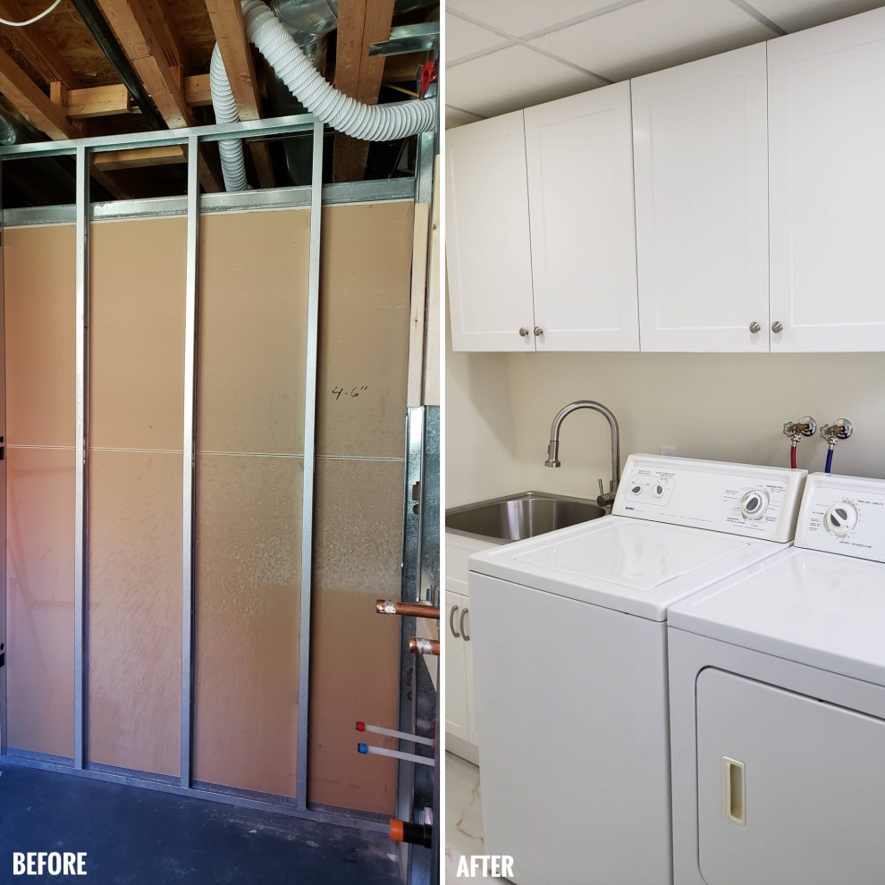 Laundry room - transitional porcelain tile and white floor laundry room idea with an utility sink, shaker cabinets, white cabinets, white walls and a side-by-side washer/dryer