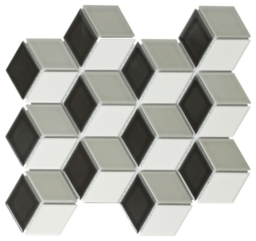 10.47"x12" Porcelain Mosaic Tile Sheet Paris Glossy Mix Black/White/Gray