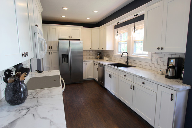 White Kitchen With Marble Look Laminate Countertop Akron Oh