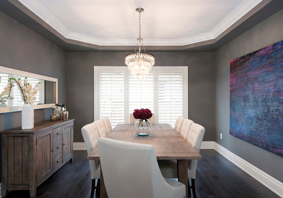 Inspiration for a large transitional dark wood floor great room remodel in Toronto with gray walls
