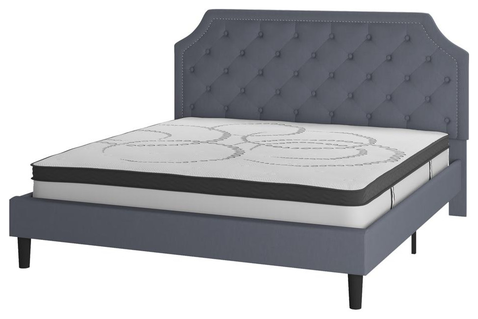 Brighton King Size Tufted Upholstered Platform Bed in Light Gray Fabric with...