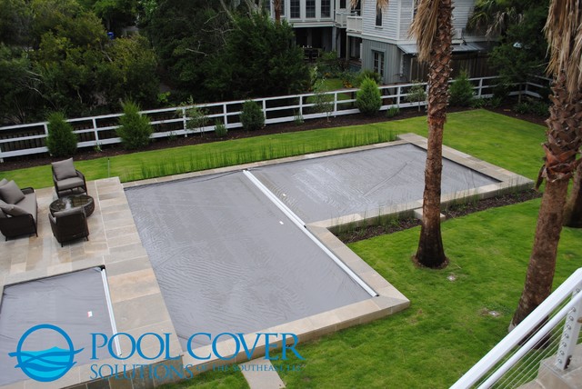 L Shaped Pool With Two Automatic Covers Beach Style Charleston L Shaped Pool With Two Automatic Covers