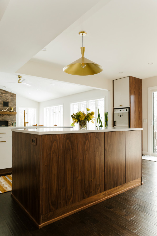 Design ideas for a mid-sized midcentury open plan kitchen in Minneapolis with flat-panel cabinets, medium wood cabinets, wood benchtops, multi-coloured splashback, ceramic splashback, with island and white benchtop.