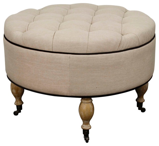 Bailey Round Tufted Ottoman Traditional Footstools And Ottomans Bailey Round Tufted Ottoman Flax With Natural Wood Legs