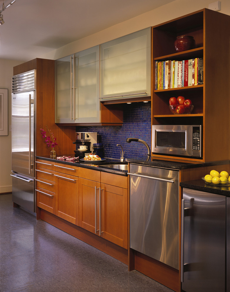 Photo of a modern kitchen in DC Metro with mosaic tile splashback, stainless steel appliances and blue splashback.