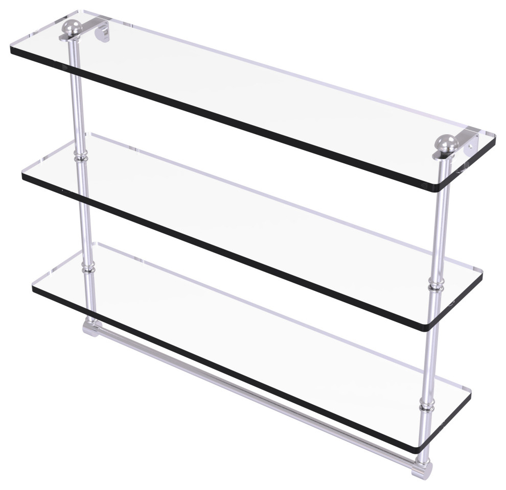 16" Triple Tiered Glass Shelf with Towel Bar, Satin Chrome