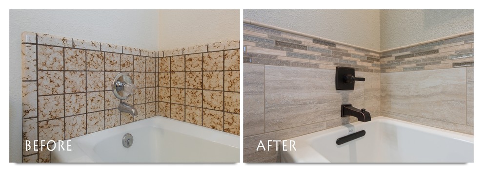 Immagine di una stanza da bagno moderna con ante in legno bruno, piastrelle beige, pavimento in gres porcellanato, lavabo sottopiano e top in granito