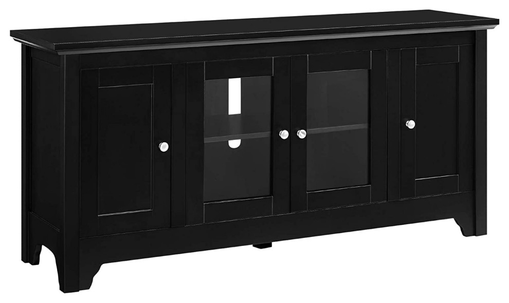 Entertainment Center, MDF Construction With Tempered Glass Doors, Black Finish Transitional