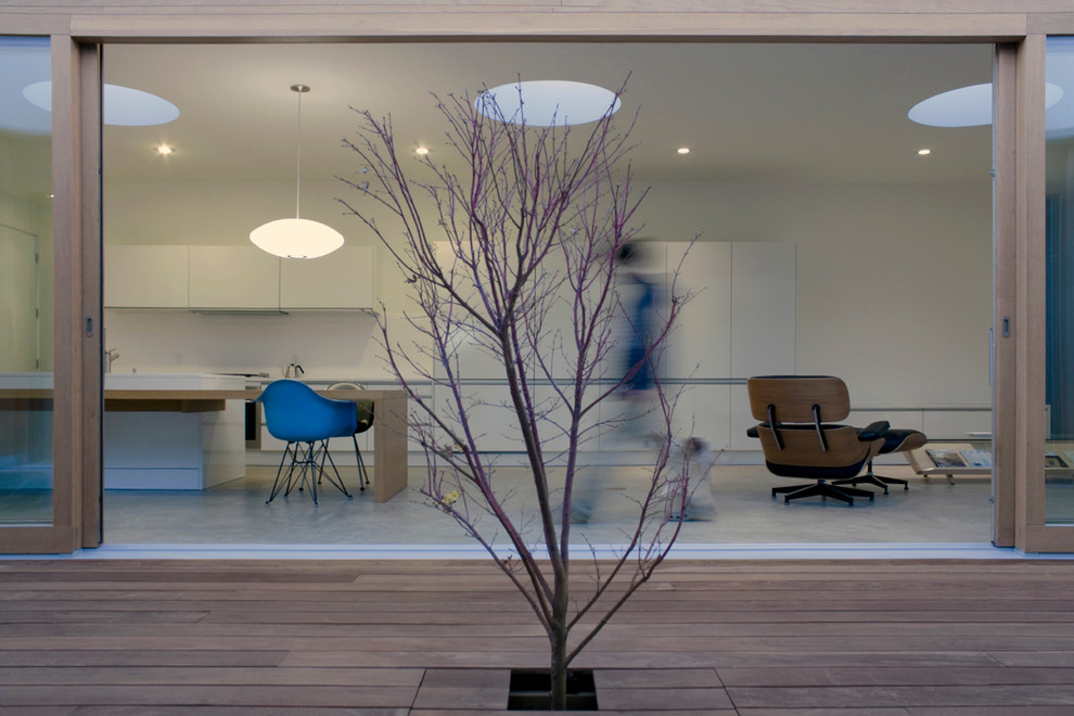 Mid-sized contemporary open concept living room in Stuttgart with concrete floors, white walls and no fireplace.