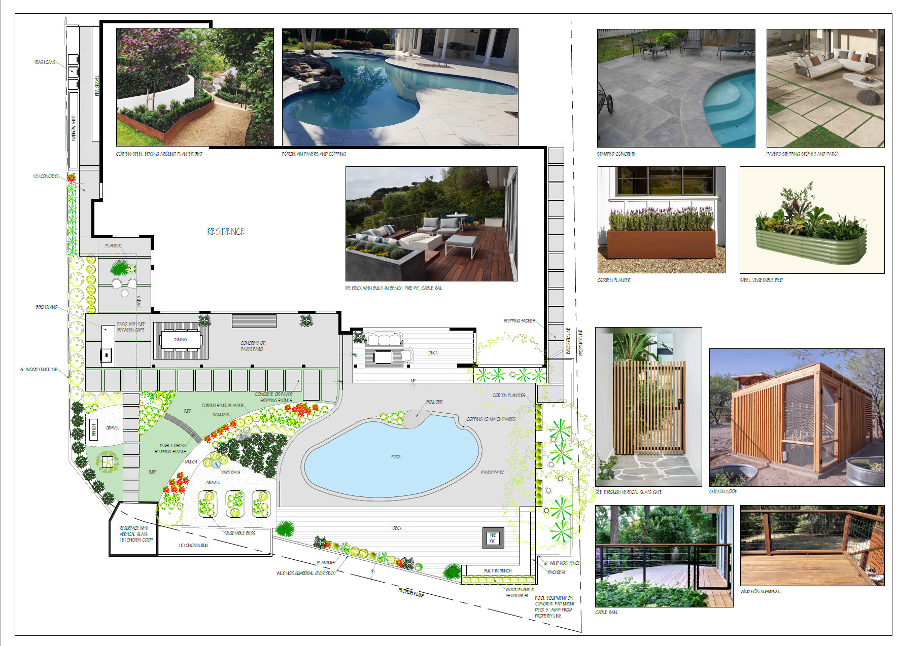 hardwood deck seating area around pool with plant island and concrete patio