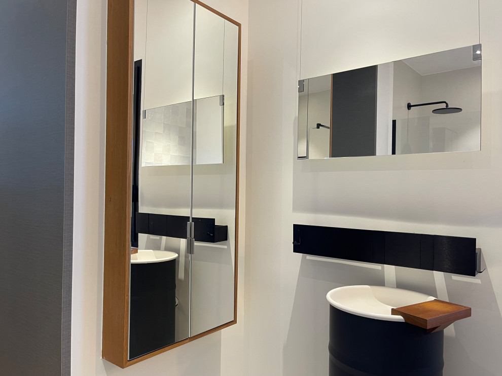 Large modern bathroom in Other with light wood cabinets, a drop-in tub, white tile, ceramic tile, white walls, ceramic floors, a drop-in sink, stainless steel benchtops, beige floor, a single vanity and a built-in vanity.