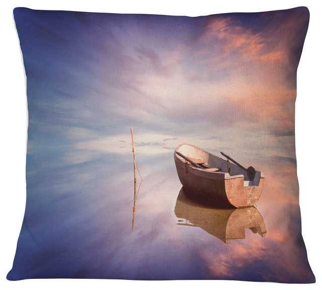 Lonely Boat in Colorful Sea Seascape Throw Pillow, 18"x18"