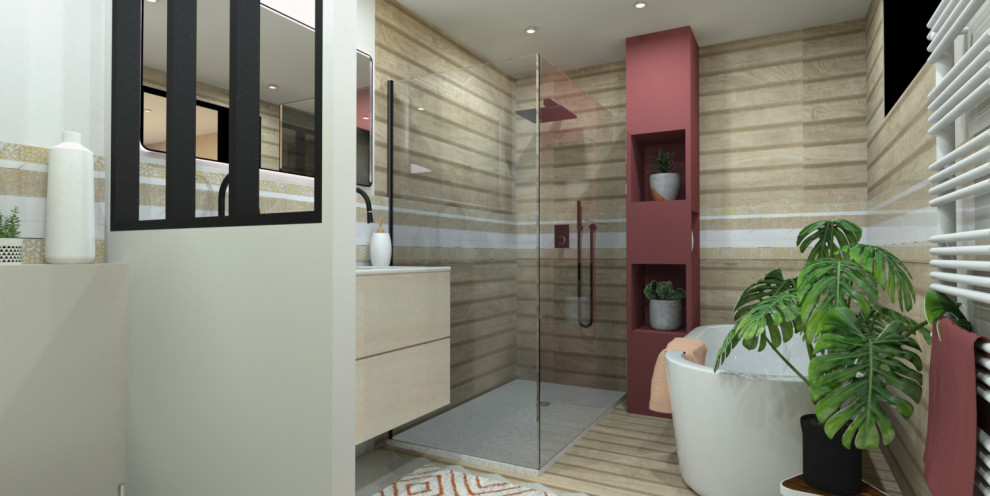 Design ideas for a large contemporary 3/4 bathroom in Lyon with a drop-in tub, a corner shower, a wall-mount toilet, beige tile, wood-look tile, an integrated sink, a double vanity and a floating vanity.