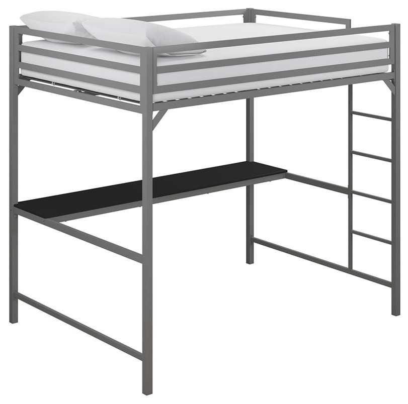 DHP Mabel Full Metal Loft Bed with Desk in Silver Transitional Loft