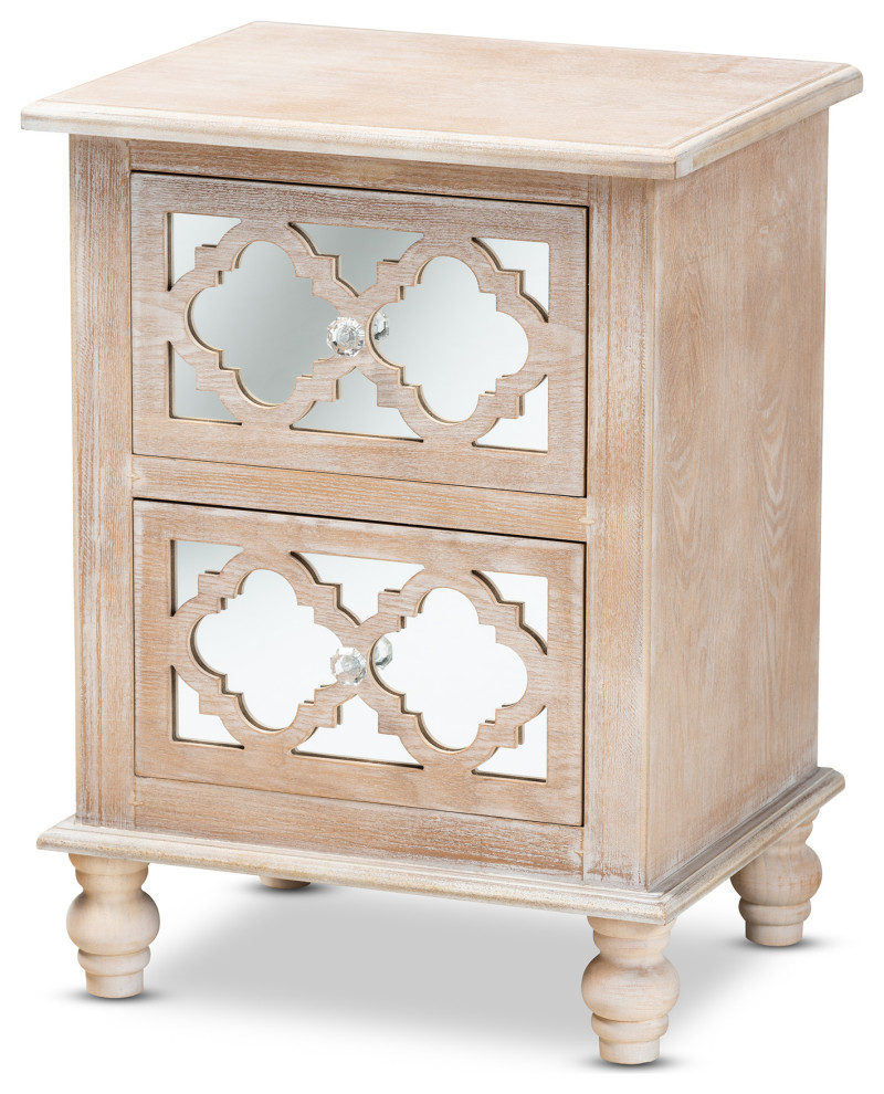 Welch Rustic White Washed Wood And Mirror 2 Drawer Quatrefoil Nightstand Mediterranean Nightstands And Bedside Tables By Baxton Studio