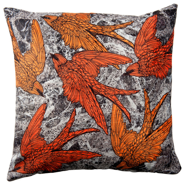 Paradise Velvet Cushion, Orange Birds