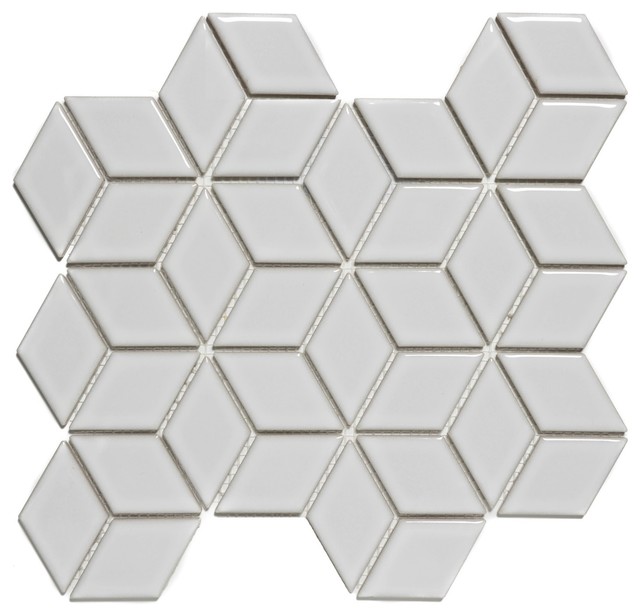 10.47"x12" Porcelain Mosaic Tile Sheet Paris Rhombus Glossy White