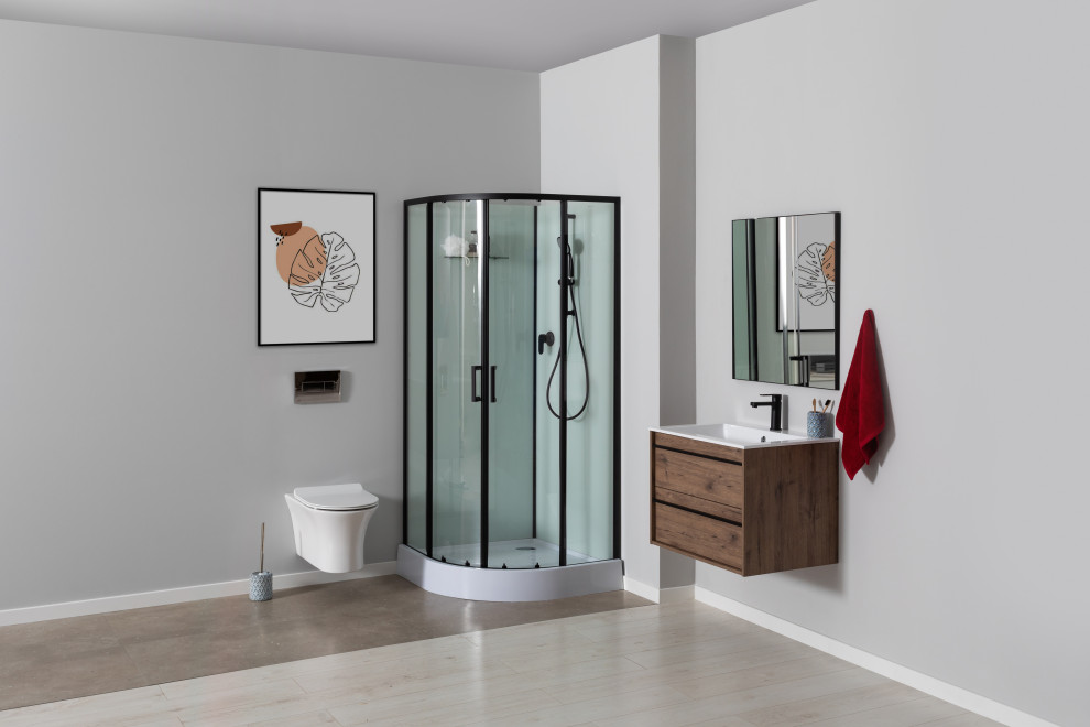Photo of a modern wet room bathroom in Moscow with a wall-mount toilet, grey walls, porcelain floors, a drop-in sink, beige floor, a hinged shower door and an enclosed toilet.