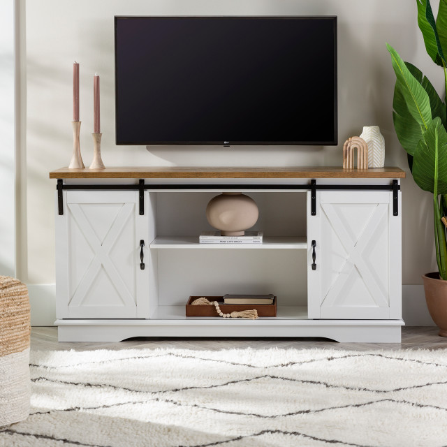 White/Rustic Oak Details about   58" Modern Farmhouse Wood TV Stand 