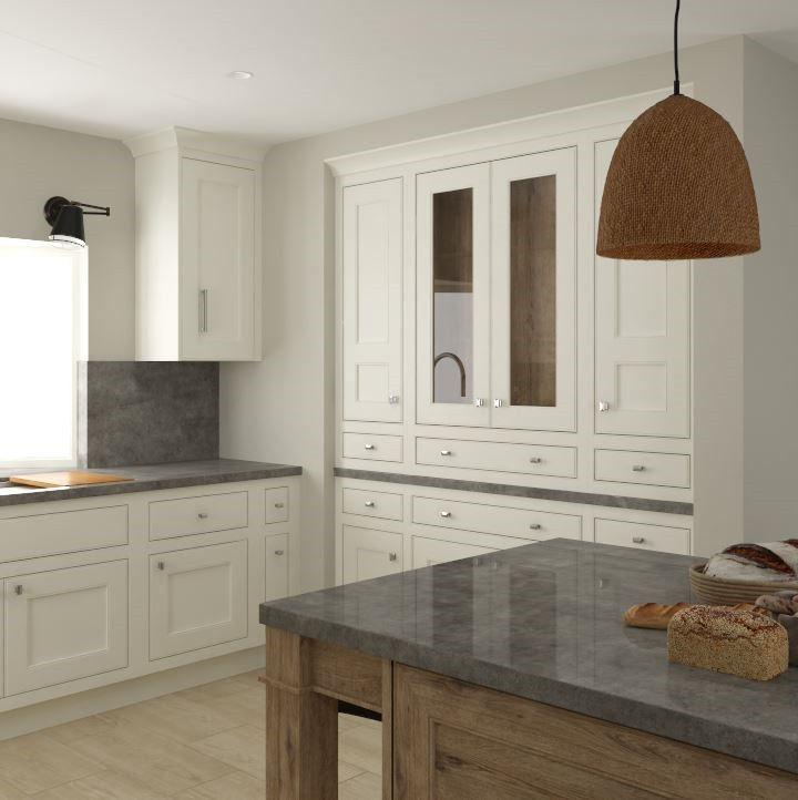 Design ideas for a mid-sized scandinavian l-shaped eat-in kitchen in Miami with an undermount sink, beaded inset cabinets, white cabinets, quartz benchtops, grey splashback, engineered quartz splashback, panelled appliances, light hardwood floors, with island, beige floor and grey benchtop.