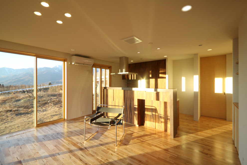 Cette photo montre un salon moderne de taille moyenne et ouvert avec un mur blanc, un sol en bois brun, un téléviseur indépendant, un sol marron, un plafond en papier peint et du papier peint.