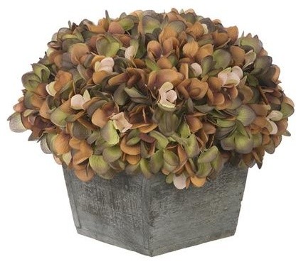 Artificial Coffee/Sage Hydrangea in Grey-Washed Wood Cube