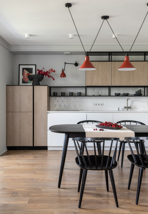 Wood and White Flat Panels: Creative Open Kitchen Storage Ideas